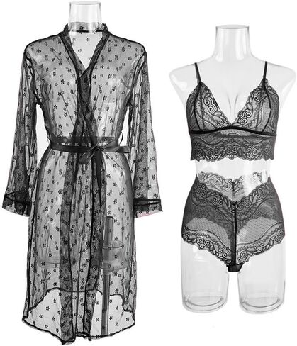 Women Sexy Lingerie Set 3 Piece Babydoll & Lace Kimono Robe Strap with Teddy Lingerie Bodysuit in Saudi Arabia