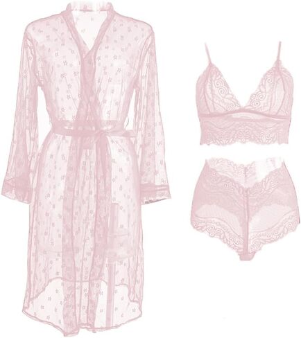 Women Sexy Lingerie Set 3 Piece Babydoll & Lace Kimono Robe Strap with Teddy Lingerie Bodysuit in Saudi Arabia