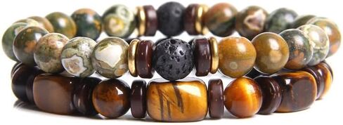 Beaded Bracelet for Men Natural Stone Bracelet Tiger's Eye Beads Double Set Bracelet Stretch Healing Round Bead Bracelet 19cm in Saudi Arabia