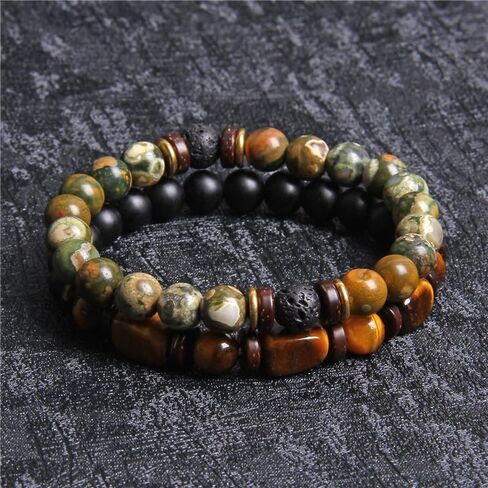 Beaded Bracelet for Men Natural Stone Bracelet Tiger's Eye Beads Double Set Bracelet Stretch Healing Round Bead Bracelet 19cm in Saudi Arabia