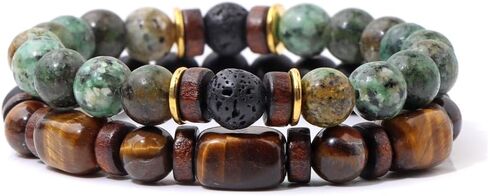 Beaded Bracelet for Men Natural Stone Bracelet Tiger's Eye Beads Double Set Bracelet Stretch Healing Round Bead Bracelet 19cm in Saudi Arabia