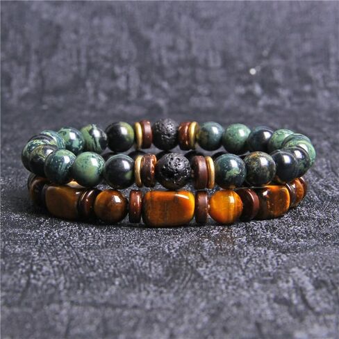 Beaded Bracelet for Men Natural Stone Bracelet Tiger's Eye Beads Double Set Bracelet Stretch Healing Round Bead Bracelet 19cm in Saudi Arabia