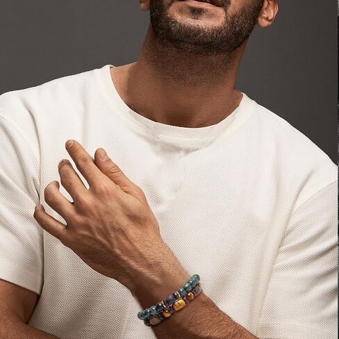 Beaded Bracelet for Men Natural Stone Bracelet Tiger's Eye Beads Double Set Bracelet Stretch Healing Round Bead Bracelet 19cm in Saudi Arabia