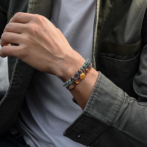 Beaded Bracelet for Men Natural Stone Bracelet Tiger's Eye Beads Double Set Bracelet Stretch Healing Round Bead Bracelet 19cm in Saudi Arabia
