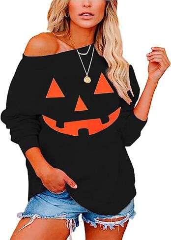Womens Holiday Off the Shoulder Long Sleeve Loose Slouchy Sweatshirt Pullover Letter Printed Tops in Kuwait