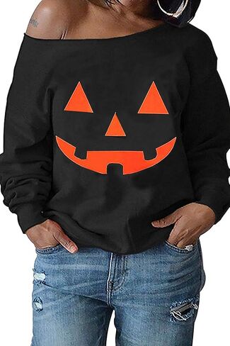 Womens Holiday Off the Shoulder Long Sleeve Loose Slouchy Sweatshirt Pullover Letter Printed Tops in Kuwait