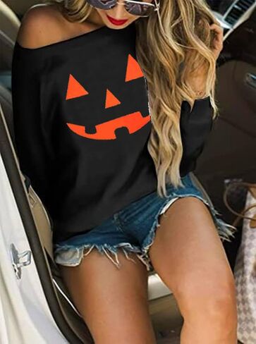 Womens Holiday Off the Shoulder Long Sleeve Loose Slouchy Sweatshirt Pullover Letter Printed Tops in Kuwait