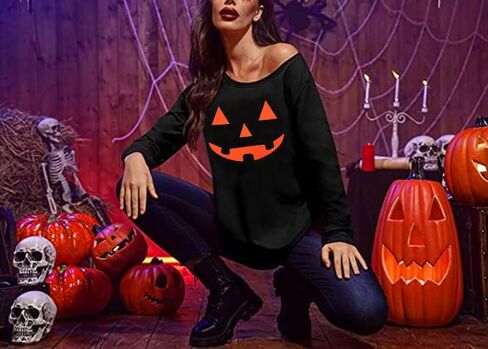 Womens Holiday Off the Shoulder Long Sleeve Loose Slouchy Sweatshirt Pullover Letter Printed Tops in Kuwait