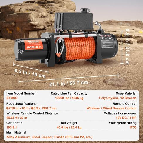 VEVOR 13,500 رطل كهربائي، شاحنة ونش 12 فولت تيار مستمر 3/8 بوصة × 80 قدم حبل صناعي من الألومنيوم Fairlead لاسلكي وسلكي للتحكم عن بعد، 13500 رطل، IP55 مقاوم للماء لسحب قارب جيب الدفع الرباعي على الطرق الوعرة in Kuwait