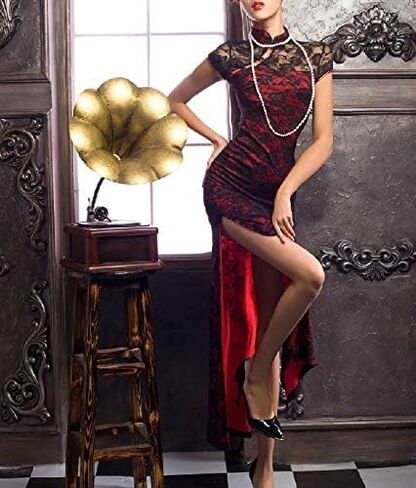 Vintage Long Sleeve Floral Lace Cheongsam Dress Elegant Mandarin Collar Side Slit Bodycon Midi Dress Women's Formal Wear in Saudi Arabia