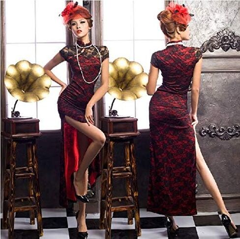 Vintage Long Sleeve Floral Lace Cheongsam Dress Elegant Mandarin Collar Side Slit Bodycon Midi Dress Women's Formal Wear in Saudi Arabia