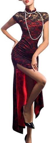 Vintage Long Sleeve Floral Lace Cheongsam Dress Elegant Mandarin Collar Side Slit Bodycon Midi Dress Women's Formal Wear in Saudi Arabia