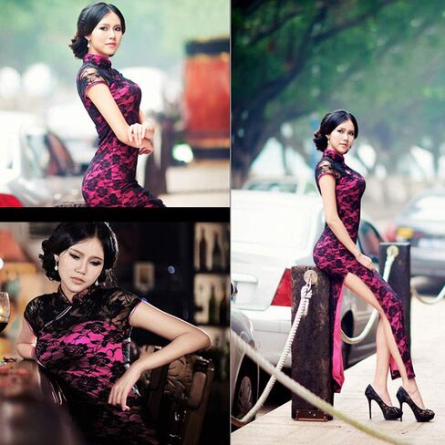 Vintage Long Sleeve Floral Lace Cheongsam Dress Elegant Mandarin Collar Side Slit Bodycon Midi Dress Women's Formal Wear in Saudi Arabia