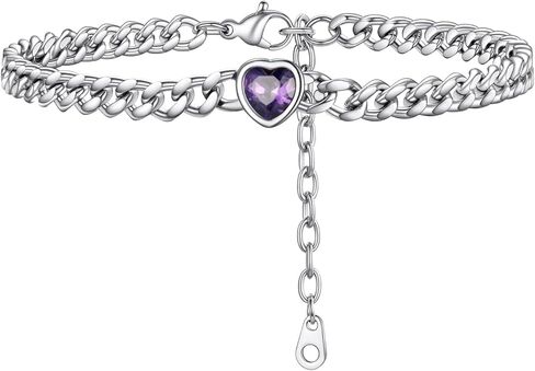PROSTEEL Cuban Links Heart Anklets for Women, Adorned with Sparkling Birthstone, Black Stainless Steel Chain Ankle Bracelet, 8.5"-10.5" Adjustable, Come with Box in Kuwait