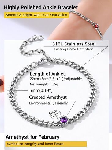 PROSTEEL Cuban Links Heart Anklets for Women, Adorned with Sparkling Birthstone, Black Stainless Steel Chain Ankle Bracelet, 8.5"-10.5" Adjustable, Come with Box in Kuwait