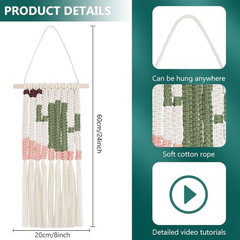 WEBEEDY Macrame Kit for Beginners DIY Macrame Wall Hanging Craft Set Boho Cactus Macrame Tapestry Wall Decor DIY Macrame Cord Kit with 61 Yard Cotton Cord, Wooden Stick and Other Supplies,20x60cm in Saudi Arabia