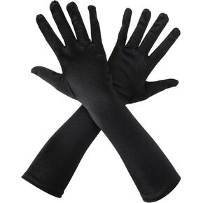 Long Black Opera Gloves for Women, 1920s Satin Stretchy Elbow Length Party Gloves Costume Stretchy Adult Size Elbow Length Wedding Bridal Dance Gloves 15 Inch Classic