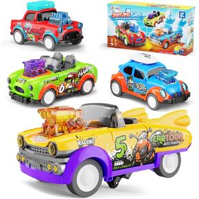 SJIDA Car Toys for Toddler 3-5, Jumping Cars for Toddlers, Front-End Rocking Vintage Sports Car, 4-Piece Truck Toy for Kids 3-5 Years Old, Christmas Birthday Gifts