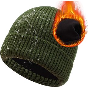 ACTLATI L/XL/XXL Waterproof Merino Wool Cuff Beanie Hat Men Women Ribbed Knit Skull Beanies Warm Fleeece Lined Winter Ski Cap