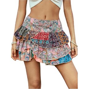 Milumia Women Paisley Print Low Waisted Tiered Layered Ruffle Hem Mini Skirts