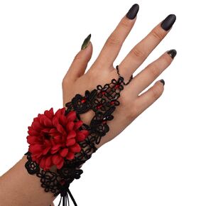 Missgrace Vintage Black Lace Bracelet with Ring Bangle Bracelet Metal Black Crystal Charm Steampunk Lace Black Chain Red Flower Tassel Gothic Halloween Bracelet Rings for Women
