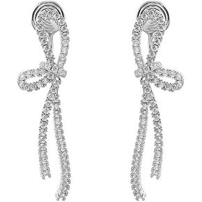 Clip On CZ Bow Fake Stud Dangle Drop Earrings for Women No Piercings Ear Dainty Silver Plated Crystal Ribbon Cuff Dangling Earring Fashion Jewelry Gifts for Her Birthday Christmas Hypoallergenic