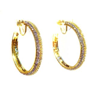 Clip on Earrings Round Gold and Clear Rhinestone Hoop Earrings 2 Inch Crystal Hoop Earrings