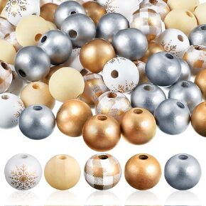 200 Pieces Christmas Wood Beads Craft Plaid Beads Good Luck Clover Round Rustic Farmhouse Wooden Beads for Xmas DIY Bead Garland Home Party Decor