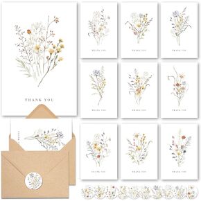 بطاقات شكر من Wildflower مع مظاريف (20 عبوة مقاس 4 × 6 بوصات) - بطاقات شكر زهرية مع مغلف لاصق وملصقات مطابقة - بطاقات شكر لأعياد الميلاد، وحفلات الزفاف، وحفلات الزفاف، وحفلات استقبال الأطفال