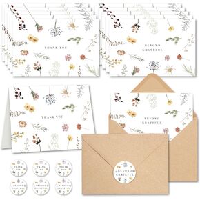 Wildflower Thank You Cards with Envelopes (20 pack 4"x6") - Floral Thank You Cards with Adhesive Envelope & Matching Stickers - Thank You Cards for Birthday, Wedding, Bridal Showers, Baby Showers