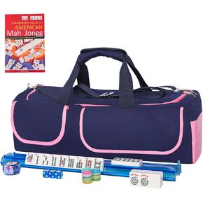 American Mahjong Game Set, 166 White Tiles, Blue&Pink Canvas Bag with Entire Accessories, 4 All-in-One Rack/Pushers, Mahjong Tiles Set, Western Mah Jongg