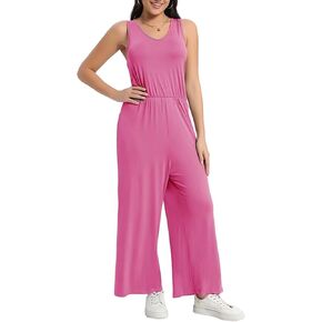 Women's V-neck Sleeveless Jumpsuits with Pockets Loose Casual Long Pants Wide Leg Rompers