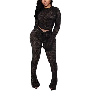 Kafiloe Women Sexy 2 Piece Outfits Clubwear Mesh Hollow Out Long Sleeve Crop Top Flare Pants Set Birthday Outfits