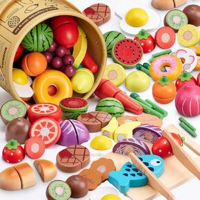 Wooden Play Food Sets for Kids Kitchen Accessories, Pretend Toy Food Velcro Fruit and Veggies Cutting Food Toy Set, Play Food Montessori Toys for 3 4 5 6 7 8 Boys and Girls Gift
