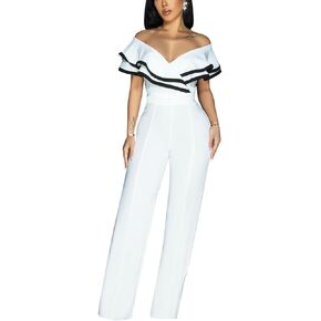 VJJ AIDEAR Women's V-Neck Off Shoulder Ruffled Sleeve Long Pants Sexy Bodycon Wide Leg Jumpsuits Club Rompers