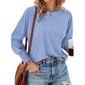 Womens Long Sleeve Crew Neck Tops Loose Fit Ruched Sleeve Shirts Casual Solid Color Blouses