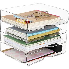 4 Tier Stackable Paper Tray, Clear Letter Tray Desk Organizer, PET Desktop File Organizer for Paper Rack, Letter Trays & Stacking Supports for A4 Paper, Documents, Magazine, Receipts