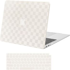 MOSISO Compatible with MacBook Air 13 inch Case 2022 2021 2020 2019 2018 A2337 M1 A2179 A1932, Checker Texture Grid PU Leather Coated Plastic Hard Shell&Keyboard Cover for MacBook Air 13.3, Beige