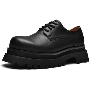 JIONS Mens Black Leather Derby Shoes Non-Slip 2.36" Thick-Soled Big Round-Toed Lace-up Platform Dress Business Oxfords