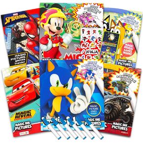 Bulk Imagine Ink Coloring Book Set for Boys - Bundle with 6 No Mess Coloring Books, Rex-Man Stickers and Door Hanger Featuring Bluey, Sonic the Hedgehog, Monster Jam, Mickey Mouse, Spidey, Cars