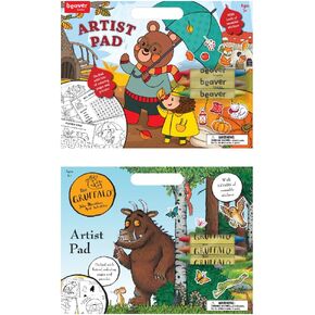 Large Artist Pad with Handle Set, Reusable Sticker Book with Coloring and Puzzle Activities for Kids 3 and Up, Includes 3 Double-Sided Crayons, Kids Art Supplies for Travel and Home