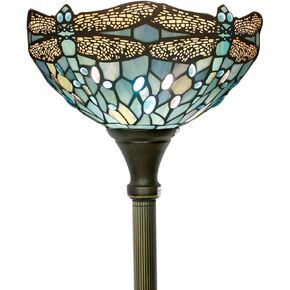WERFACTORY Tiffany Floor Lamp Sea Blue Stained Glass Dragonfly Light 12X12X66 Inches Pole Torchiere Standing Corner Torch Uplight Decor Bedroom Living Room Home Office S147 Series