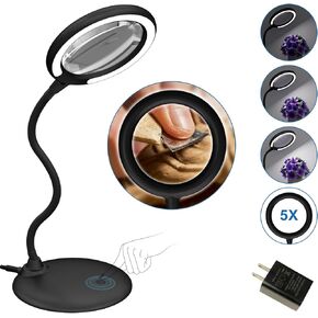 Magnifying Glass with Light and Stand, 5X Desk Magnifying Desk Lamp, Table Magnifier Lamp for Senior Close Work Reading Crafts