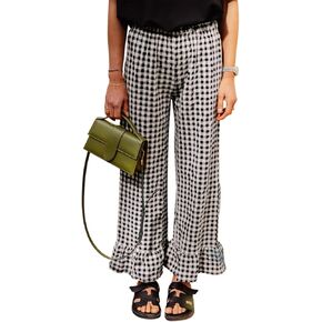 Womens Y2k Gingham Pants Ruffled Straight Leg Lounge Pants Elastic Waist Plaid Wide Leg Loose Trousers Streetwear