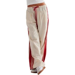 Side Striped Pants Women Drawstring Wide Leg Pants High Waisted Lounge Sweatpants Loose Baggy Trouser