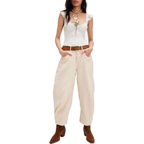 Women's Mid Rise Corduroy Barrel Pants Wide Leg Baggy Boyfriend Pants Casual Loose Elastic Waist Ankle Pants