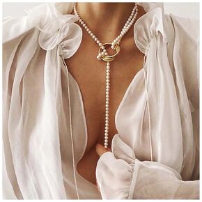 Vintage Pearl Y Necklace Gold Coin Disc Y Lariat Necklace Pearl Chain Drop Necklace Long Necklaces Chain Jewelry for Women and Girls