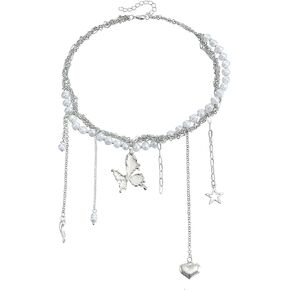 GIGB PBDK Silver Y2k Tassel Choker Necklace Long Adjustable Butterfly Cross Pendant Necklace Dainty Retro Jewelry Accessories Gifts for Women