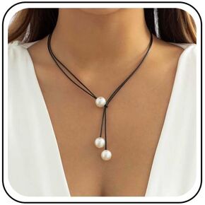 Vintage Leather Pearl Y-Shape Necklace Black Cord Pearl Lariat Necklace Long Pearl Y Drop Necklace Gothic Cord Rope Pearl Choker Necklace Jewelry for Women