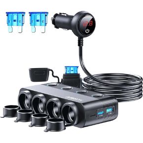 Cigarette Lighter Splitter 216W 4 Socket Car Cigarette Lighter Adapter Heavy Duty Truck Car USB Chager Multi Port USB C 12V/24V Independent Switches & Dust Cover & Waterproof for All Car Devices